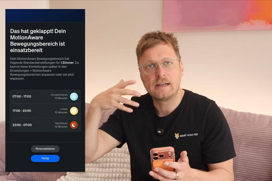 Philips Hue App Screenshot der MotionAware Einstellung mit Bewegungsbereich und Zeitfenstern
